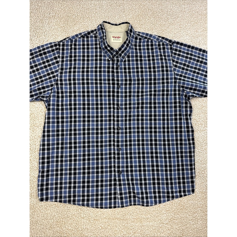 Wrangler Men's XXL Blue Black Plaid S/S Button Down Shirt Regular Fit Western